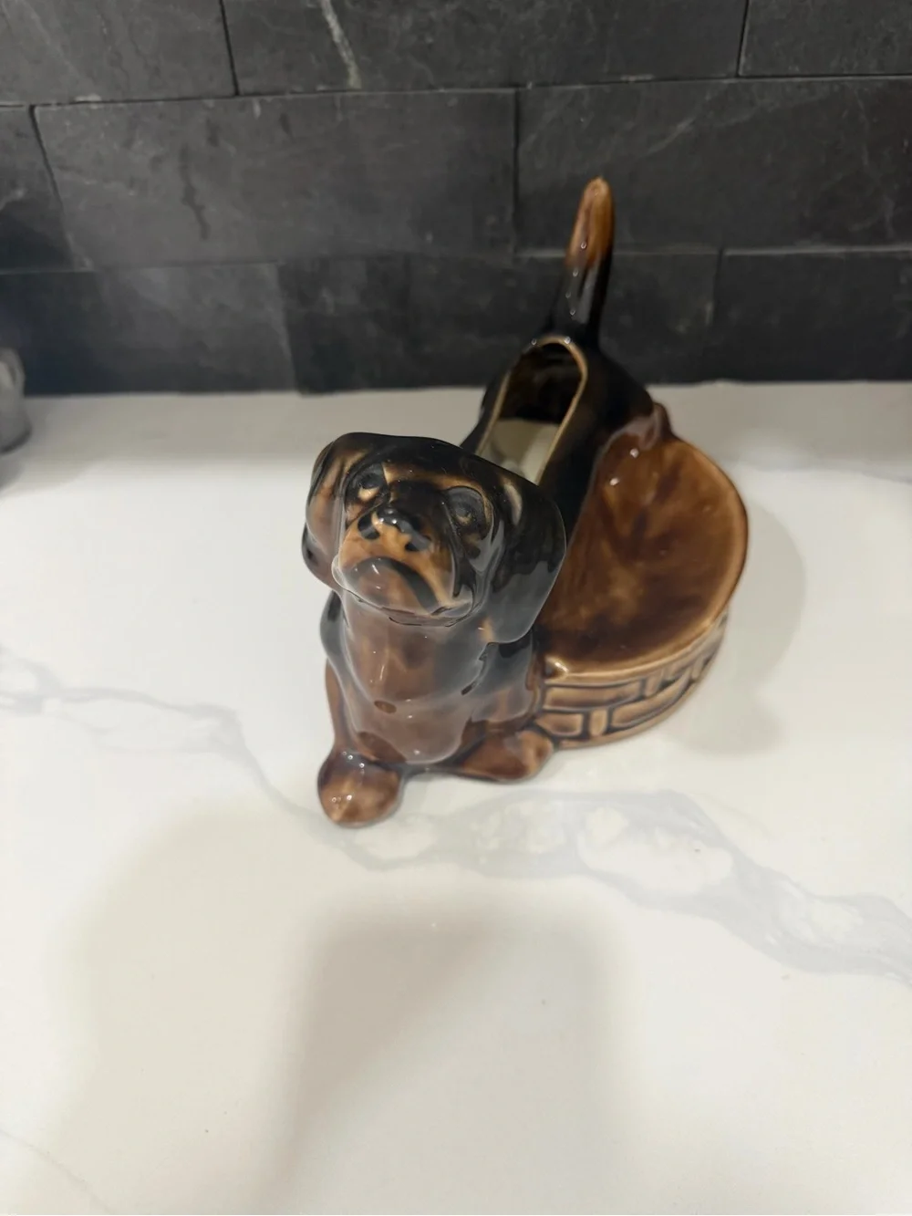 Antique Ceramic Dachshund Planter in Brown and Black